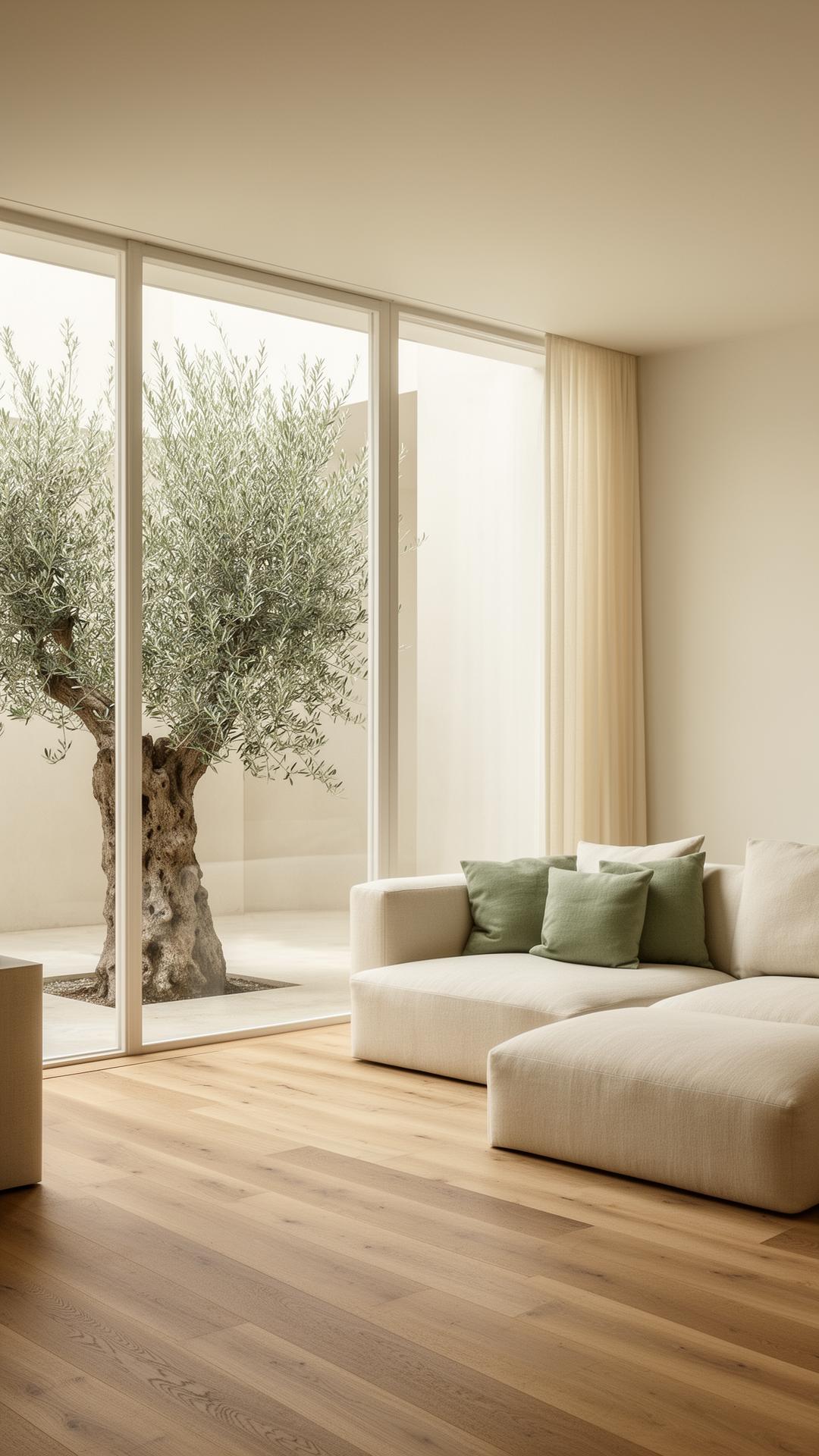 Serene minimalist living room with olive tree